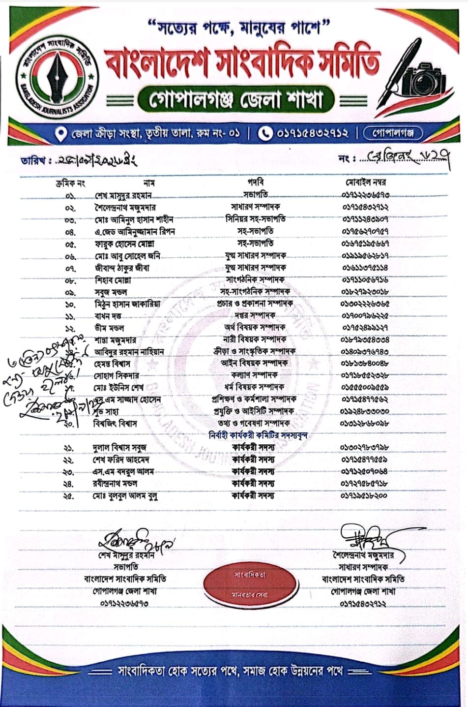 বাংলাদেশ সাংবাদিক সমিতি গোপালগঞ্জ জেলা শাখার ২৫ সদস্যের কমিটি গঠন