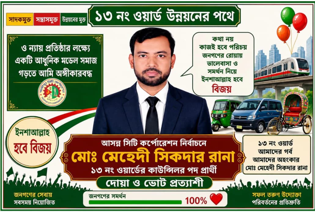 আসন্ন গাজীপুর সিটি কর্পোরেশন নির্বাচনে ১৩ নং ওয়ার্ডের কাউন্সিলর পদে আলোচনায় মেহেদী সিকদার রানা