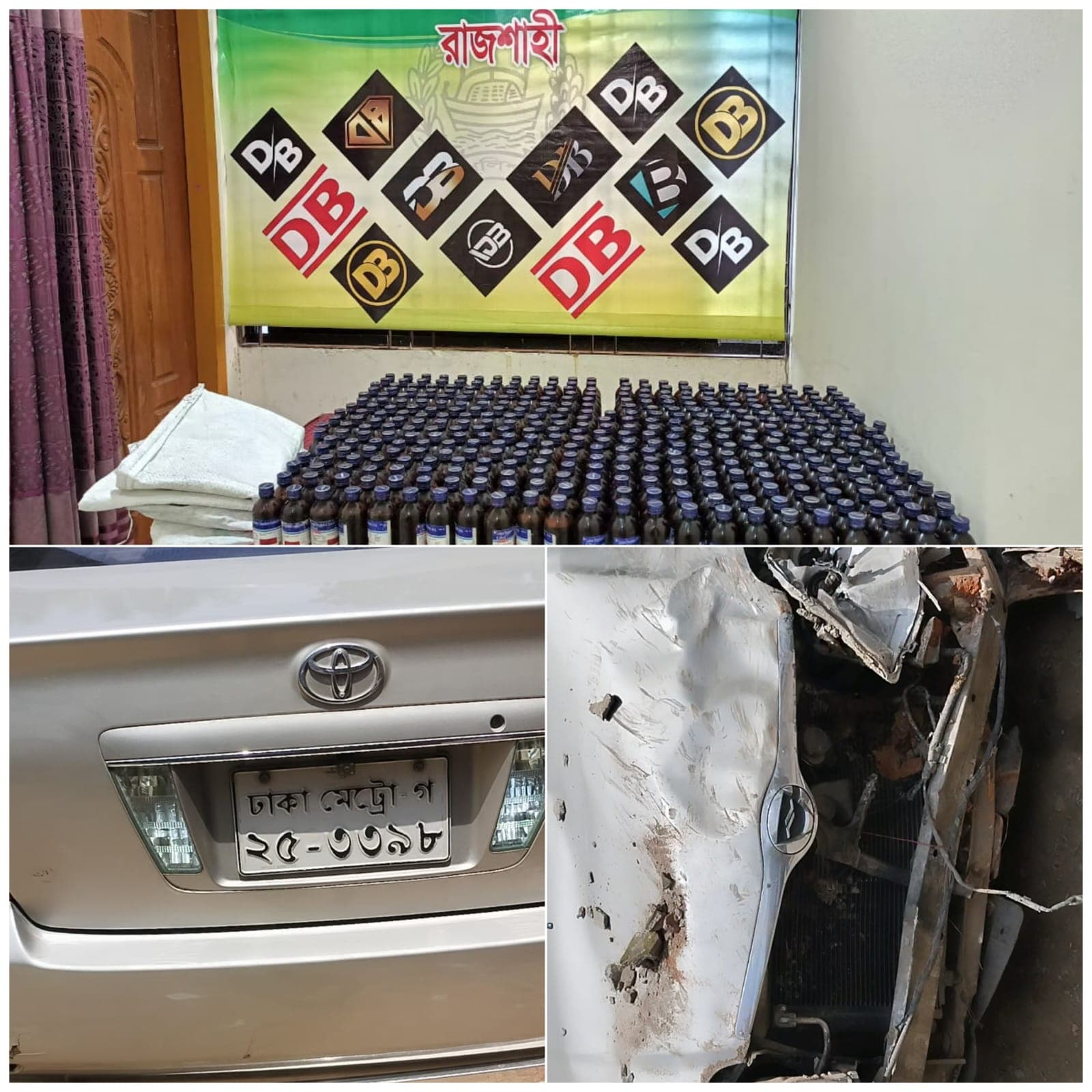 পুলিশের হাত থেকে বাঁচতে গিয়ে ভয়াবহ দুর্ঘটনা, গোদাগাড়ীতে ৪০০ বোতল মাদক ফেলে পালাতক কারবারিরা